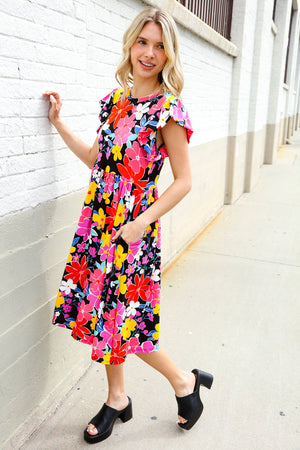Spread Joy Black & Multicolor Floral Flutter Sleeve Babydoll Dress - Coeur de la Mode