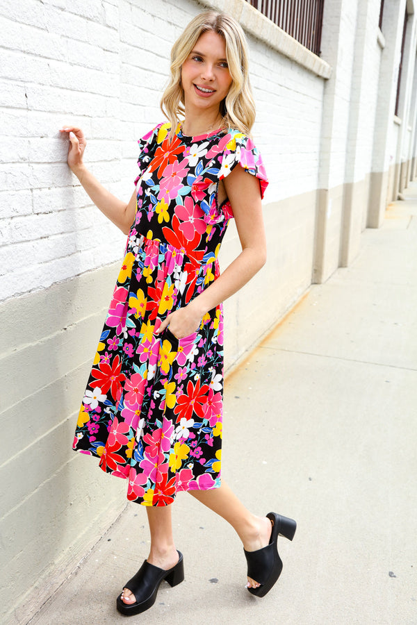 Spread Joy Black & Multicolor Floral Flutter Sleeve Babydoll Dress - Coeur de la Mode