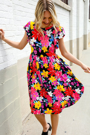 Spread Joy Black & Multicolor Floral Flutter Sleeve Babydoll Dress - Coeur de la Mode