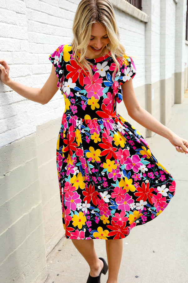 Spread Joy Black & Multicolor Floral Flutter Sleeve Babydoll Dress - Coeur de la Mode