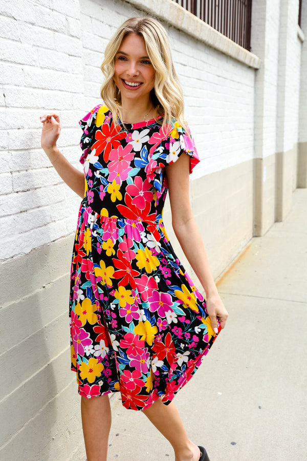 Spread Joy Black & Multicolor Floral Flutter Sleeve Babydoll Dress - Coeur de la Mode