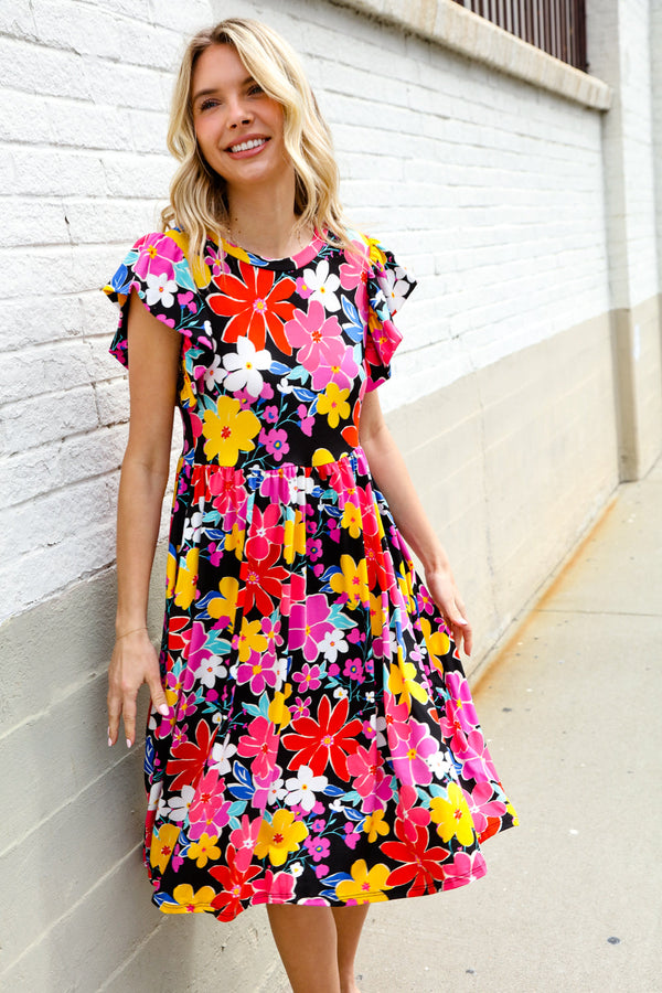 Spread Joy Black & Multicolor Floral Flutter Sleeve Babydoll Dress - Coeur de la Mode