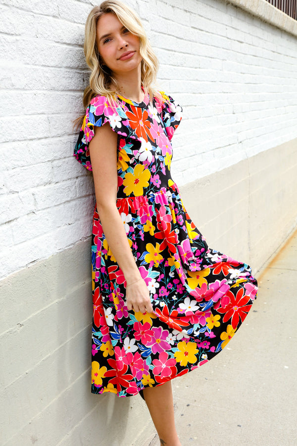 Spread Joy Black & Multicolor Floral Flutter Sleeve Babydoll Dress - Coeur de la Mode