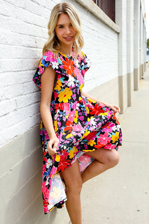 Spread Joy Black & Multicolor Floral Flutter Sleeve Babydoll Dress - Coeur de la Mode