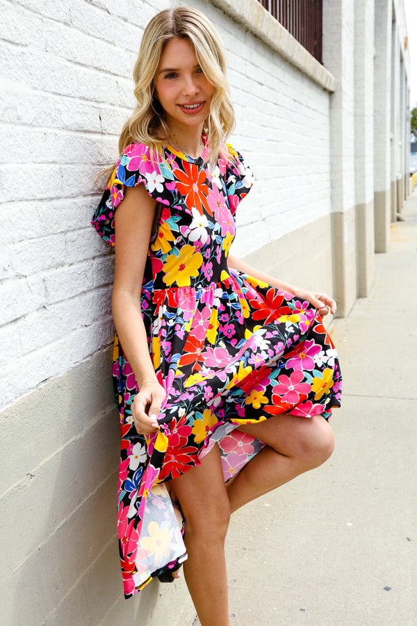 Spread Joy Black & Multicolor Floral Flutter Sleeve Babydoll Dress - Coeur de la Mode