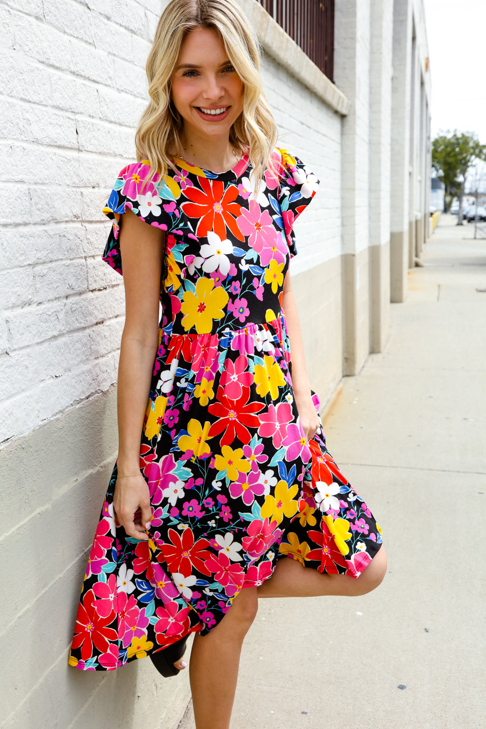 Spread Joy Black & Multicolor Floral Flutter Sleeve Babydoll Dress - Coeur de la Mode