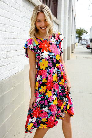 Spread Joy Black & Multicolor Floral Flutter Sleeve Babydoll Dress - Coeur de la Mode