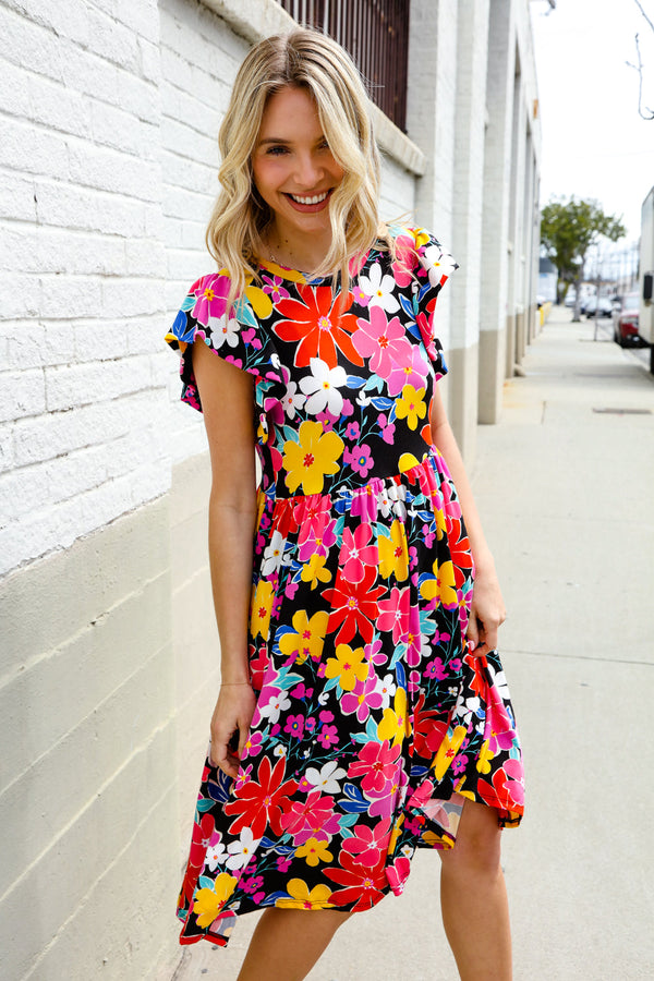 Spread Joy Black & Multicolor Floral Flutter Sleeve Babydoll Dress - Coeur de la Mode