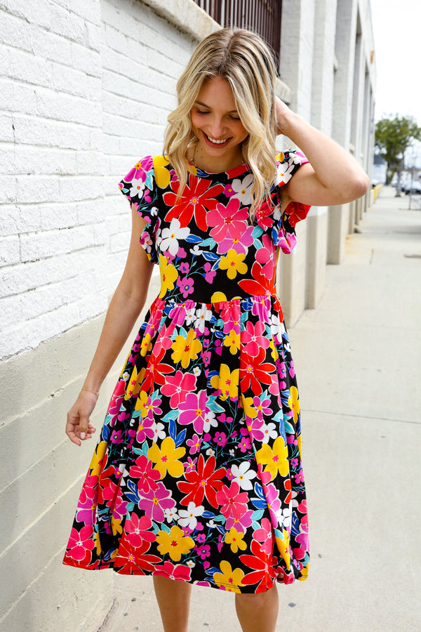 Spread Joy Black & Multicolor Floral Flutter Sleeve Babydoll Dress - Coeur de la Mode
