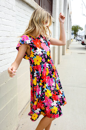 Spread Joy Black & Multicolor Floral Flutter Sleeve Babydoll Dress - Coeur de la Mode