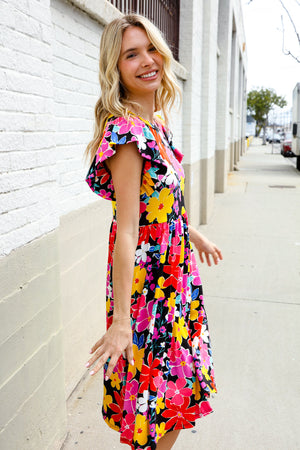 Spread Joy Black & Multicolor Floral Flutter Sleeve Babydoll Dress - Coeur de la Mode