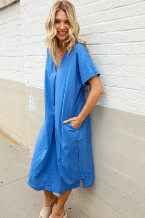 Casual Chic Blue Cotton V Neck Pocketed Midi Dress