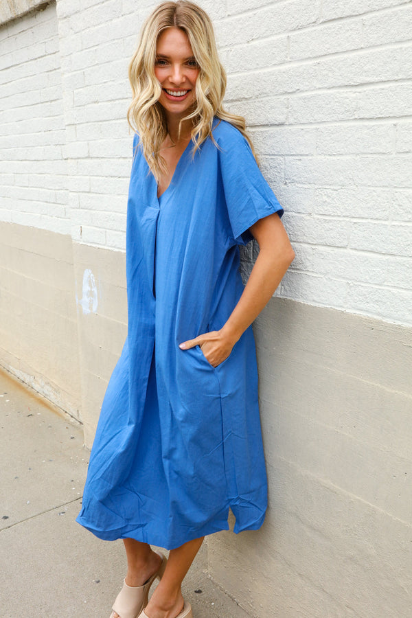 Casual Chic Blue Cotton V Neck Pocketed Midi Dress