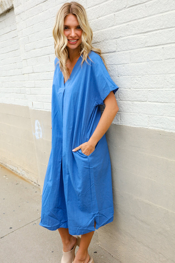Casual Chic Blue Cotton V Neck Pocketed Midi Dress