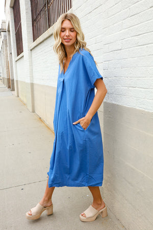 Casual Chic Blue Cotton V Neck Pocketed Midi Dress