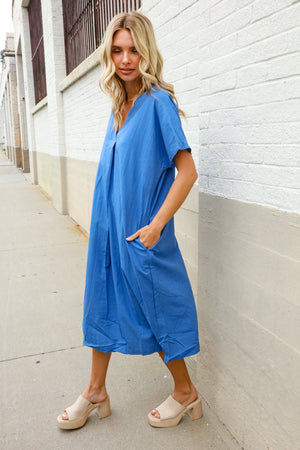 Casual Chic Blue Cotton V Neck Pocketed Midi Dress