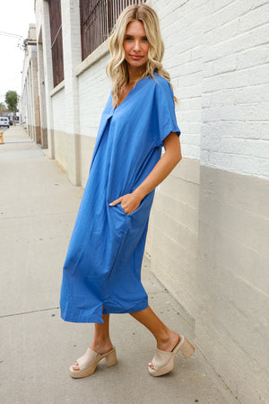Casual Chic Blue Cotton V Neck Pocketed Midi Dress