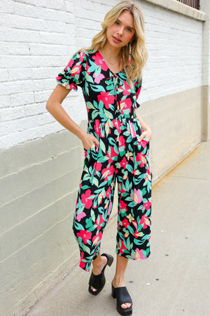 Spring Vibes Tropical Floral Ruffle Sleeve Wide Leg Jumpsuit - Coeur de la Mode
