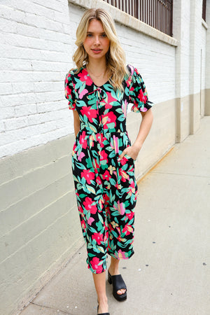 Spring Vibes Tropical Floral Ruffle Sleeve Wide Leg Jumpsuit - Coeur de la Mode