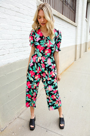 Spring Vibes Tropical Floral Ruffle Sleeve Wide Leg Jumpsuit - Coeur de la Mode
