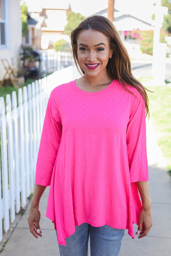 Be Bold Hot Pink Glitter Stud Scarf Hem Top - Coeur de la Mode