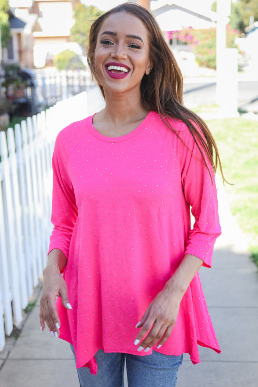 Be Bold Hot Pink Glitter Stud Scarf Hem Top - Coeur de la Mode