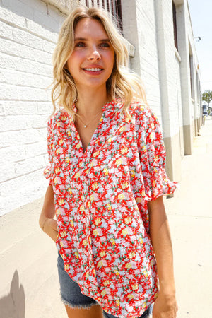 Elegant You Ruby Notched Neck Floral Smocked Sleeve Blouse