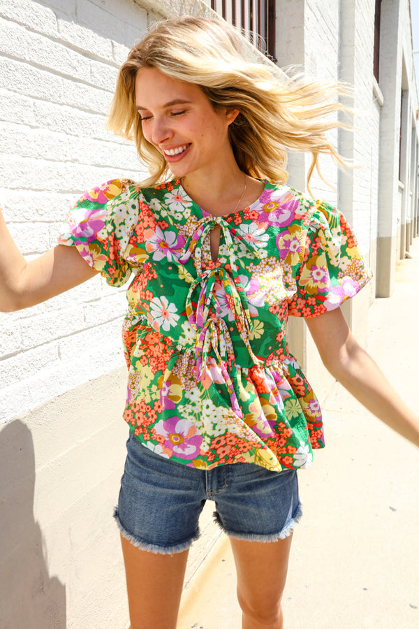 Spring Vibes Green Floral Ribbon Tie Babydoll Top