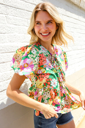 Spring Vibes Green Floral Ribbon Tie Babydoll Top