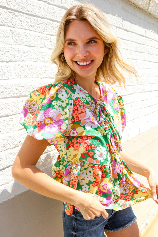 Spring Vibes Green Floral Ribbon Tie Babydoll Top