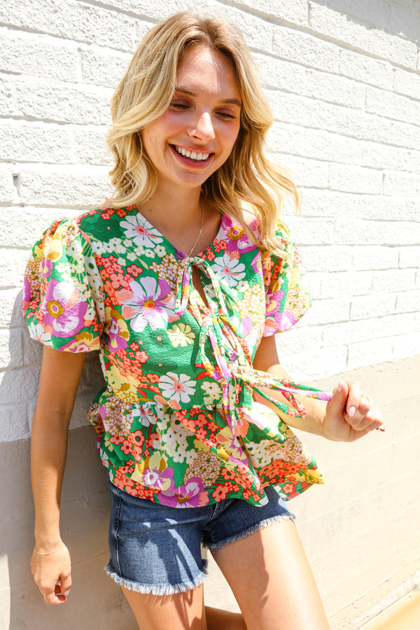 Spring Vibes Green Floral Ribbon Tie Babydoll Top