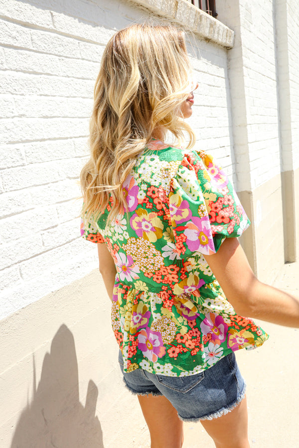 Spring Vibes Green Floral Ribbon Tie Babydoll Top