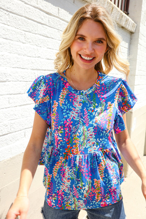 Perfect Find Blue Floral Leaf Print Short Sleeve Babydoll Top