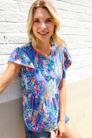 Perfect Find Blue Floral Leaf Print Short Sleeve Babydoll Top