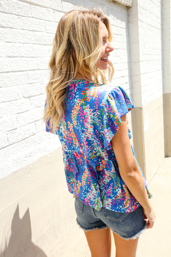 Perfect Find Blue Floral Leaf Print Short Sleeve Babydoll Top