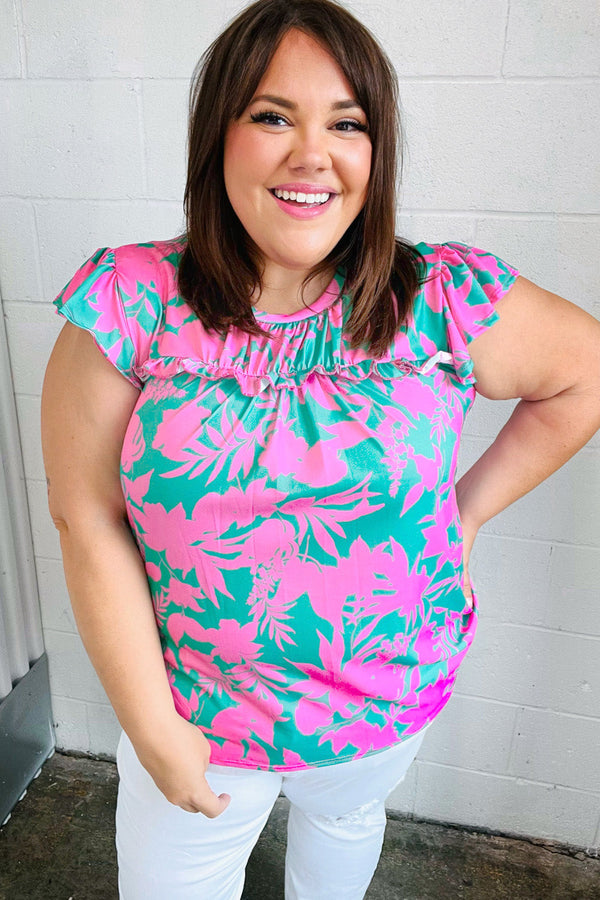 Pink & Green Floral Print Frilled Short Sleeve Yoke Top - Coeur de la Mode