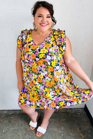 Indigo & Lemon Floral Babydoll Ruffle Dress - Coeur de la Mode