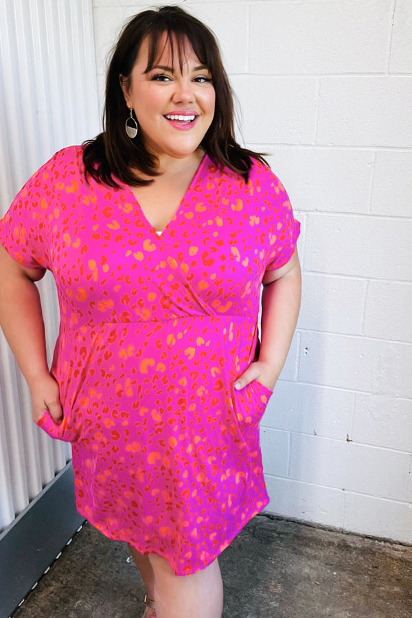 Rose Leopard Surplice V Neck Pocketed Dress - Coeur de la Mode