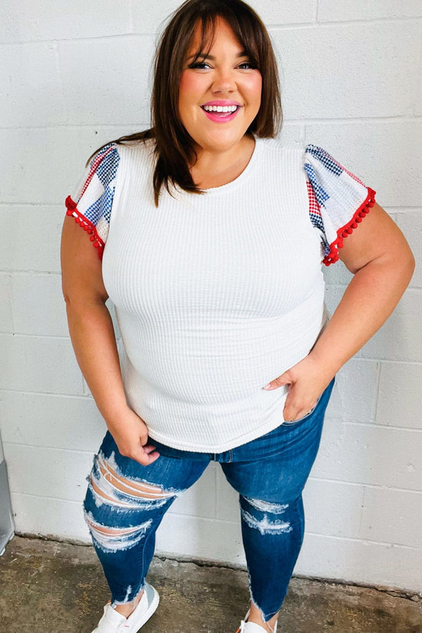 Patriotic Pom Pom Lace Flutter Sleeve Top - Coeur de la Mode