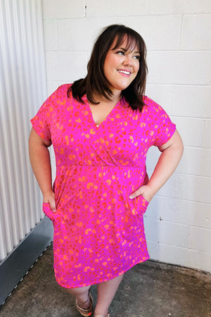 Rose Leopard Surplice V Neck Pocketed Dress - Coeur de la Mode