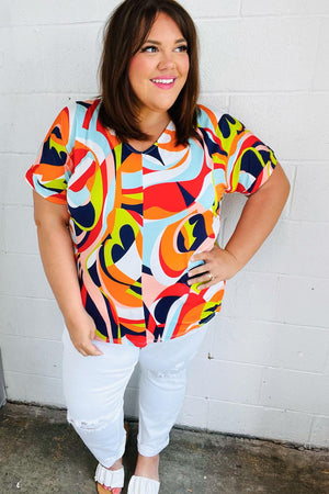 Orange Geometric V Neck Drop Shoulder Top - Coeur de la Mode