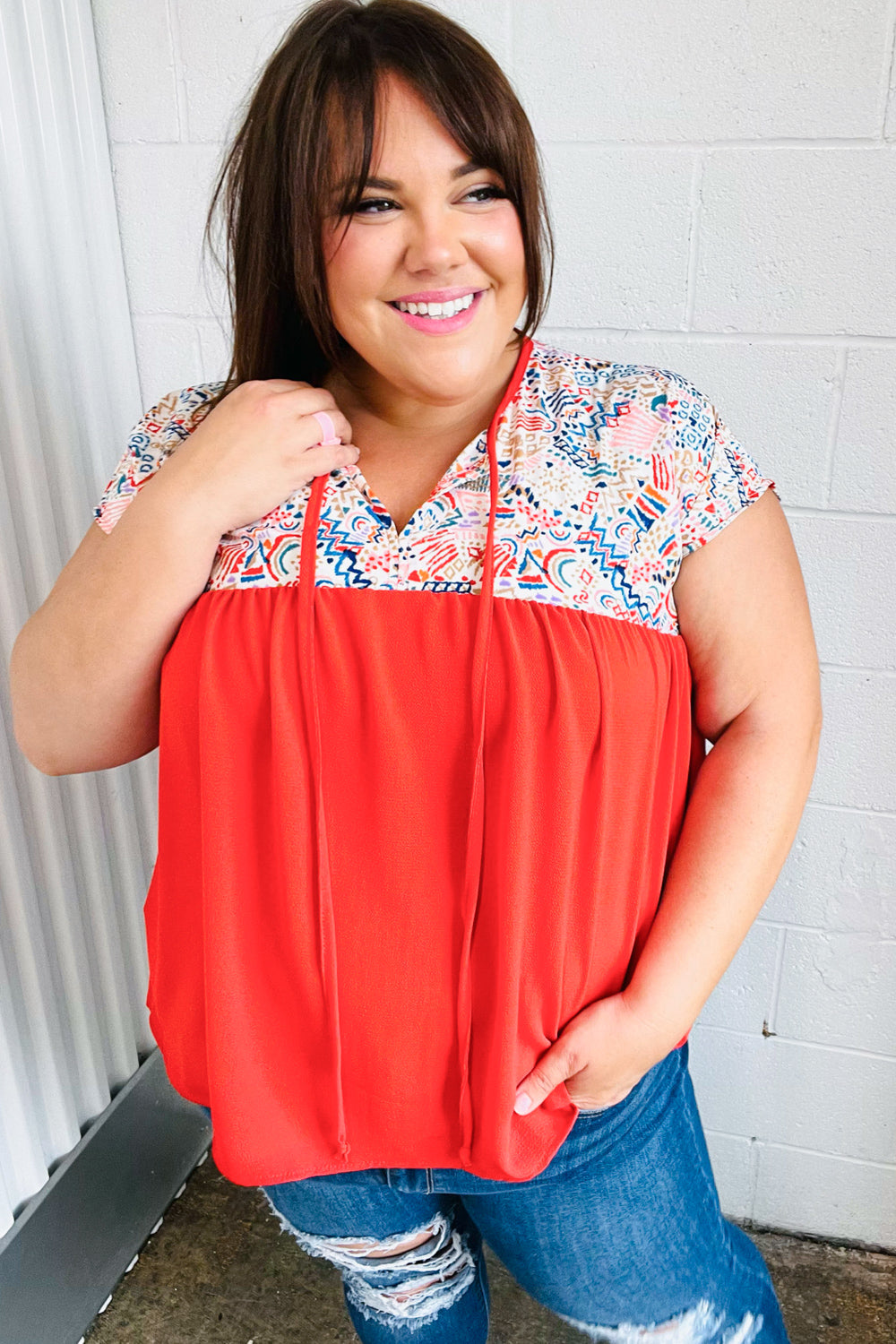Red Boho Print Tie Neck Dolman Top - Coeur de la Mode