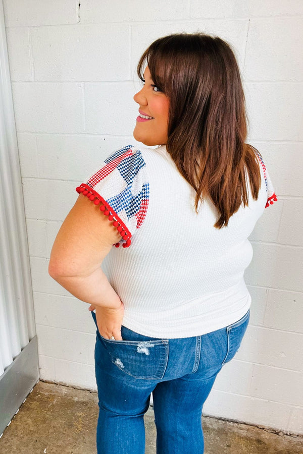 Patriotic Pom Pom Lace Flutter Sleeve Top - Coeur de la Mode