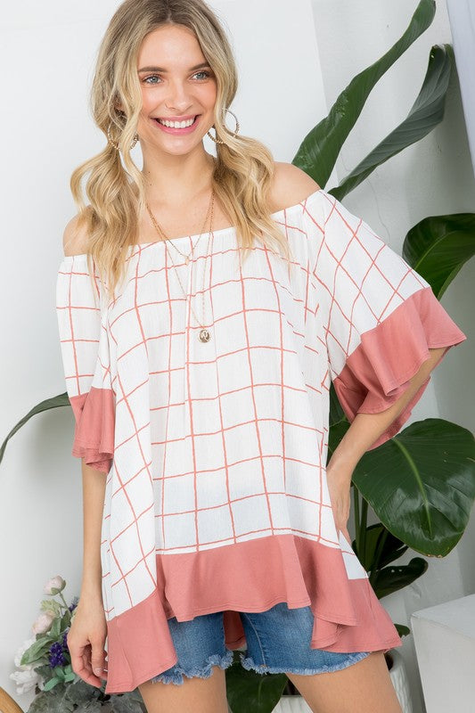 PLUS WOVEN PLAID AND SOLID JERSEY MIX RUFFLE PEASANT TOP- Plus Plaid mix ruffle peasant top- Short ruffled bell sleeves- Wear it off shoulder or as a loose scoop necCoeur de la Mode