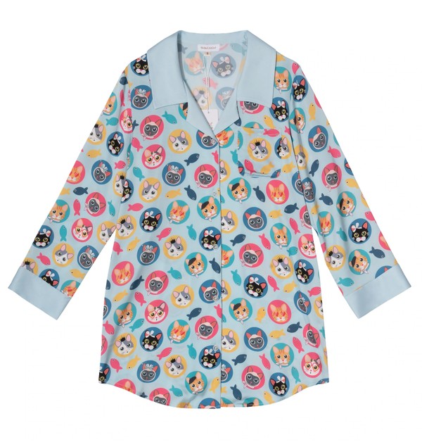 CAT PRINT BLUE SLEEP SHIRT - Coeur de la Mode