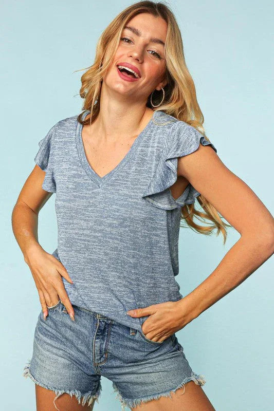 Denim Two Tone V Neck Ruffle Sleeve Top - Coeur de la Mode
