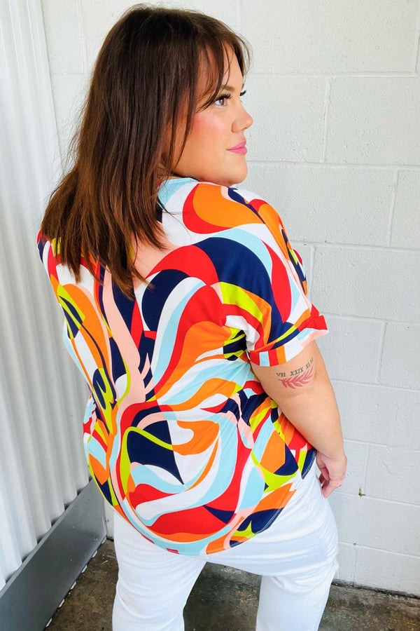 Orange Geometric V Neck Drop Shoulder Top - Coeur de la Mode
