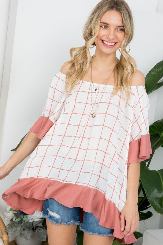 PLUS WOVEN PLAID AND SOLID JERSEY MIX RUFFLE PEASANT TOP- Plus Plaid mix ruffle peasant top- Short ruffled bell sleeves- Wear it off shoulder or as a loose scoop necCoeur de la Mode