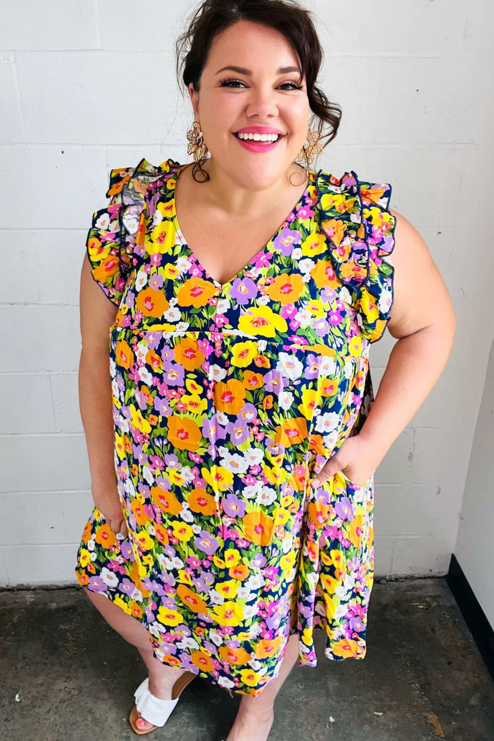 Indigo & Lemon Floral Babydoll Ruffle Dress - Coeur de la Mode