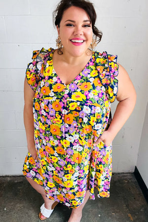 Indigo & Lemon Floral Babydoll Ruffle Dress - Coeur de la Mode